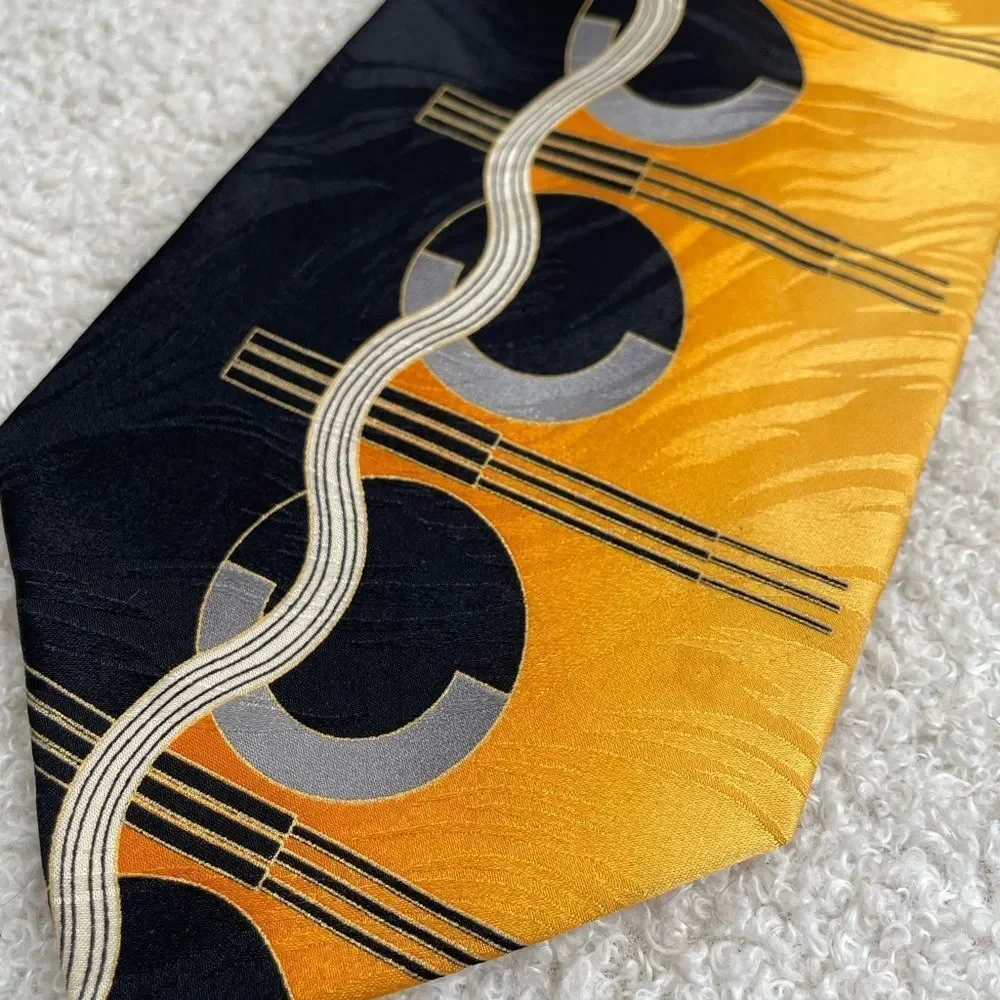 Vintage Mod Retro Silk Handmade in Korea Tie Black Gold Yellow